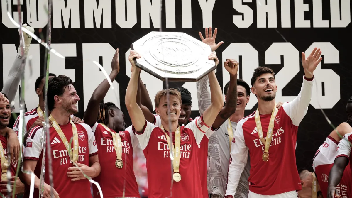 Arsenal players celebrating their Community Shield victory against Manchester City
