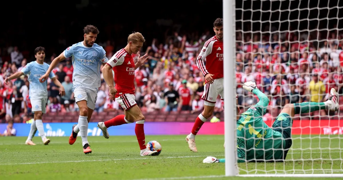 Arsenal players celebrating a goal during the Community Shield match