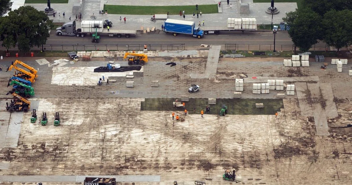 Damaged grass on the National Mall near the World War II Memorial