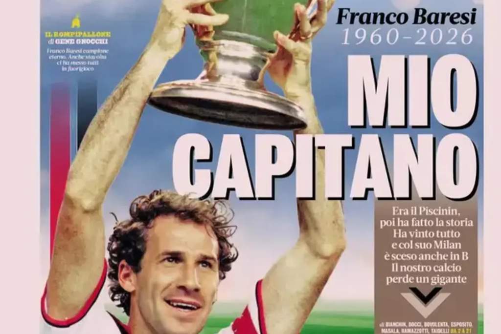 Front pages of Italian sports newspapers paying tribute to the late football legend Franco Baresi