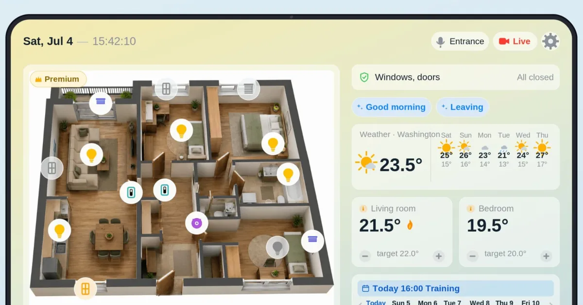 Mounted iPad displaying smart home controls on a wall