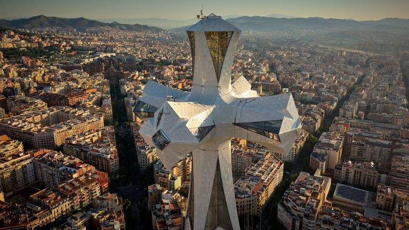 The newly completed Tower of Jesus Christ at Sagrada Familia in Barcelona